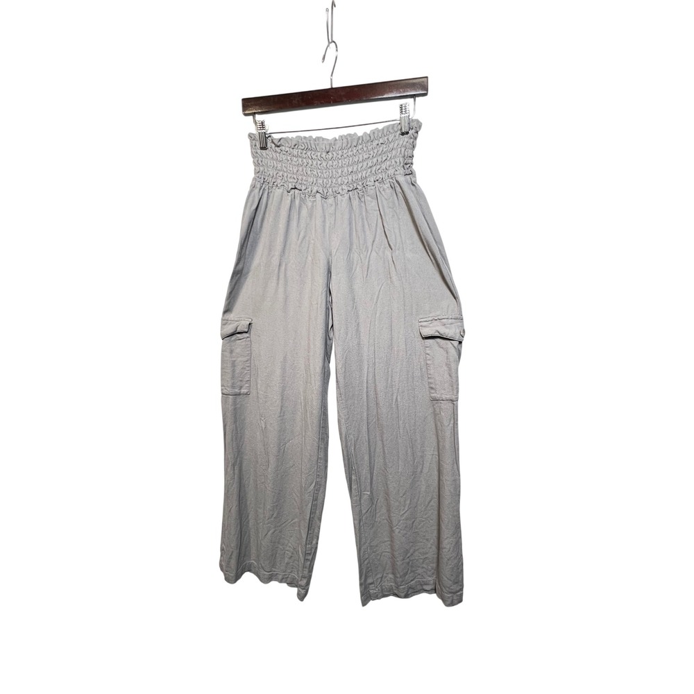 Happily Grey Womens Cargo Pants Smocked Waist Wide Leg M Grey Linen Blend